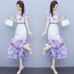 Slim Floral Puff Sleeve O-neck Thin Chiffon Dresses