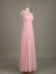 Blush Chiffon One Shoulder Ruffled Zipper A Line Long Wedding Party Bridesmaid Dress