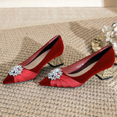 High-quality Satin Crystal Flowers Decorated Pumps Pointed Toe Red Wedding Bridal Shoes