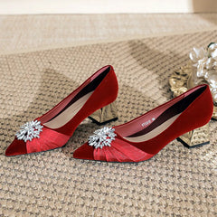 High-quality Satin Crystal Flowers Decorated Pumps Pointed Toe Red Wedding Bridal Shoes