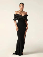 Elegant Satin Ruffle Shoulder High Slit Off the Shoulder Pleat Bodycon Long Maxi Dress