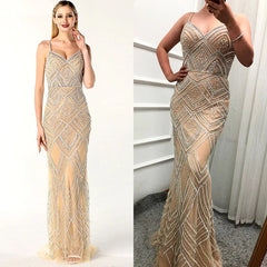 Mermaid Sleeveless Diamond Pearls Evening Gowns
