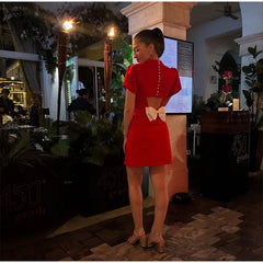 Casual Back Hollow Out Mock Neck Fitted Short Sleeve High Waist A-line Dresses