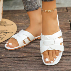 Womens Slide Sandals Casual Flat Square Open Toe Perfect Ladies' Casual Versatile Outdoor Wear Flat Slippers Wearing Outside