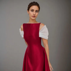 Casual Off Shoulder Patchwork Short Sleeves Round Neck Slim Big Swing Mid-calf Dresses