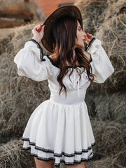 Classic Pullover Slash Neck Long Sleeve Loose Lace Spliced Mini Dress