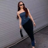 Elegant Strapless Patchwork Off Shoulder Sleeveless Party Bodycon Maxi Dress