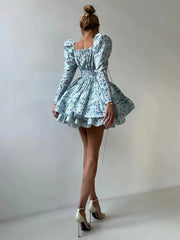 Elegant Loose Print High Waist Pleated V-Neck Long Sleeve Mini Dresses