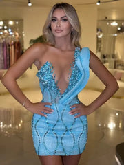 Gorgeous One-Shoulder V-Neck Crystal Erotic Mini Dress
