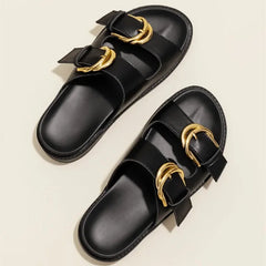 Black Soft Leather PU Flat Sandals Metal Buckle Slide Slippers Light Non-Slip Beach Shoe Sandalias De Mujer