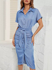 Casual Turndown Collar With Belted Waist And Batwing Sleeves Midi Shirt Dress