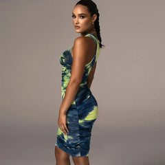 Casual O-neck Tie Dye Style Patchwork Skinny Medium Stretch Mini Dress