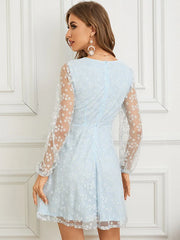 Floral Pattern Mesh Stitch Long Sleeve V-neck Dress