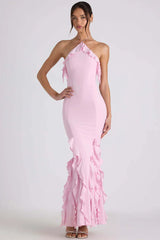 Elegant Ruffle Off Shoulder Backless Split Evening Party Maxi Dress