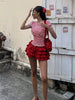 Sweet 2-Piece Set Plaid Puff Sleeve O-Neck Crop Tops Multi-Layered Bandage Puffy Skirt Streetwear Matching Suit