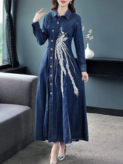 Long Maxi Style Embroidery Single Breasted Dress
