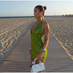 Sequins Glitter Halter Deep V-neck Backless Mini Dress