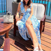 Elegant Ruffle Floral Printed Hollow Out Deep V-neck High Waist Split Maxi Dress