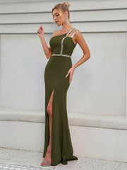 Elegant Strapless Sequin Ribbon Slit Backless Evening Party Ball Bridesmaid Maxi Dress