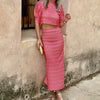 Chic Geometry Print Puff Sleeve O Neck Backless Top And Skirt 2 Piece Set