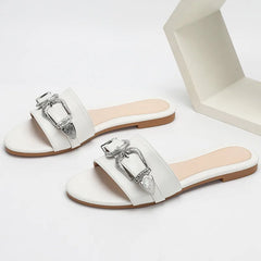 Metal Belt Buckle Decoration Slippers Lightweight Non-slip Slide Sandals Comfortable Peep Toe Beach Flat Sandals