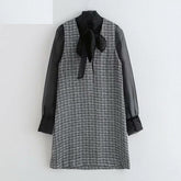 Elegant Bow Tie Collar Patchwork Daily Casual Mini Dress