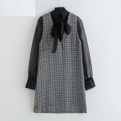 Elegant Bow Tie Collar Patchwork Daily Casual Mini Dress