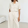 Simple Single Breasted Short Sleeve Shirt Collar Ankle Straight Jumpsuits