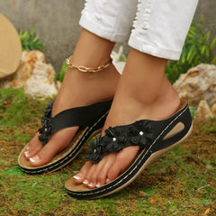 Vintage Flowers Wedges Slippers Lightweight Platform Flip Fops Clip Toe Thick Sole Sandals