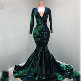 V-neck Long Sleeves Sequins Soiree Evening Prom Dresses Mermaid