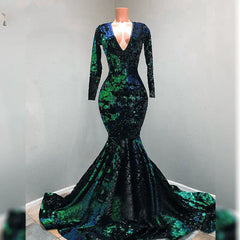 V-neck Long Sleeves Sequins Soiree Evening Prom Dresses Mermaid