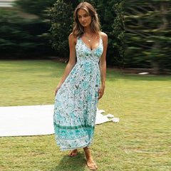 Elegant Print Sleeveless Lace Up V-neck Midi Dress