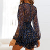 Elegant Long Sleeve Printed See Through V-neck Tied Chiffon Mini Dress