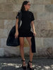 Short Sleeve Draped Metal Buckle O Neck High Waist Bodycon Club Dress