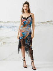 Lace Stitch Tie Dye Print Strap Irregular Hem Midi Dress