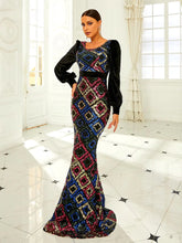 Round Neck Long Sleeve Sequin Mermaid Evening Party Dress