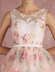 Pink Prom Dresses 2019 Long Floral Print Organza Pageant Dress Backless Chapel Train Party