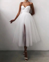 Solid Color Spaghetti Strapless Tulle Elegant Side Slit Mesh A-Line Vestidos