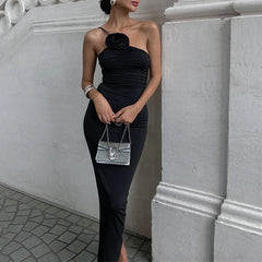 Elegant Solid Sleeveless Aesthetic Oblique Strap Backless Prom Dresses
