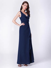Chiffon Long Cascading Ruffles V Neck Floor Length Formal Prom Bridesmaid Dresses