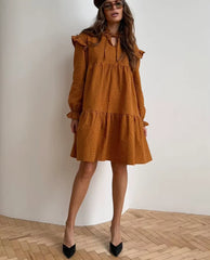 Casual Print Stand Collar Long Sleeve Loose Classic Lace-Up Mini Dresses
