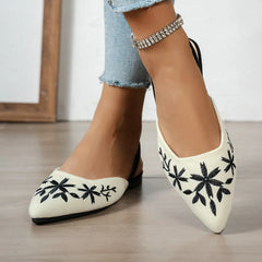 Women's Pointed Toe Slingback Sandals Floral Embroidery Low Kitten Heel