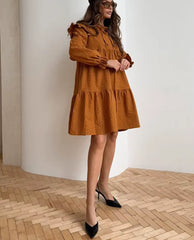 Casual Print Stand Collar Long Sleeve Loose Classic Lace-Up Mini Dresses