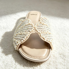Luxury Faux Pearl Detail Slippers Novelty Shiny Appliques Design Flat Sandals for Ladies Comfortable Shoes