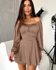 Slash Neck Long Sleeve Mini Dresses Elegant Classic Solid Dress