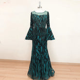 Elegant Velvet Long Sleeves Crystal Mermaid Formal Wedding Prom Party Gowns