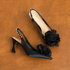 Luxury Satin Floral Designer Pumps Pointed-Toe Rhinestone Decoration Slingbacks Sandals Elegant Brown Party Shoes