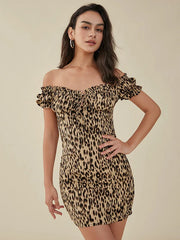 Print Off Shoulder Knot Western Retro Mini Dress