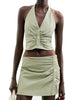 Single Breasted Halter Sleeveless Backless Crop Top Short Skirt Solid Sets
