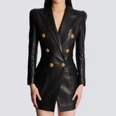 Designer Lion Metal Buttons Faux Leather High Street Blazer Dress
